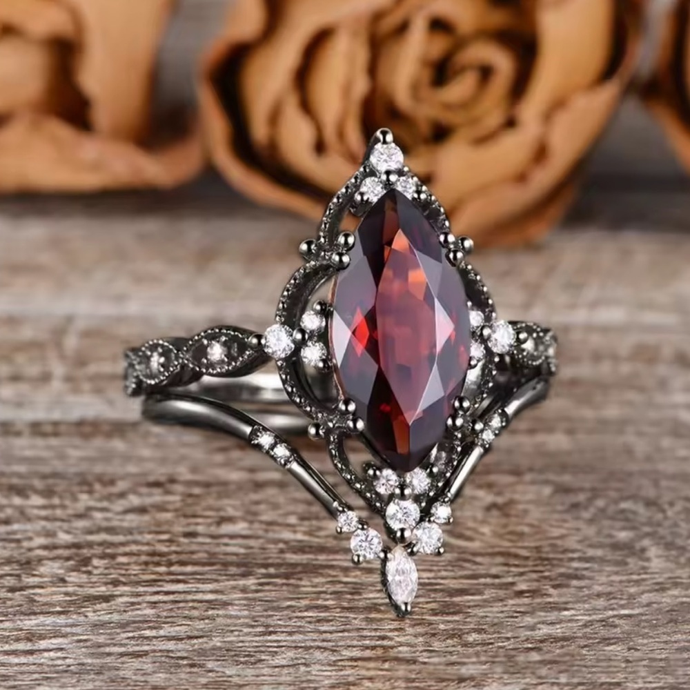 2x  gothic Black silver and Red Gemstone Ring